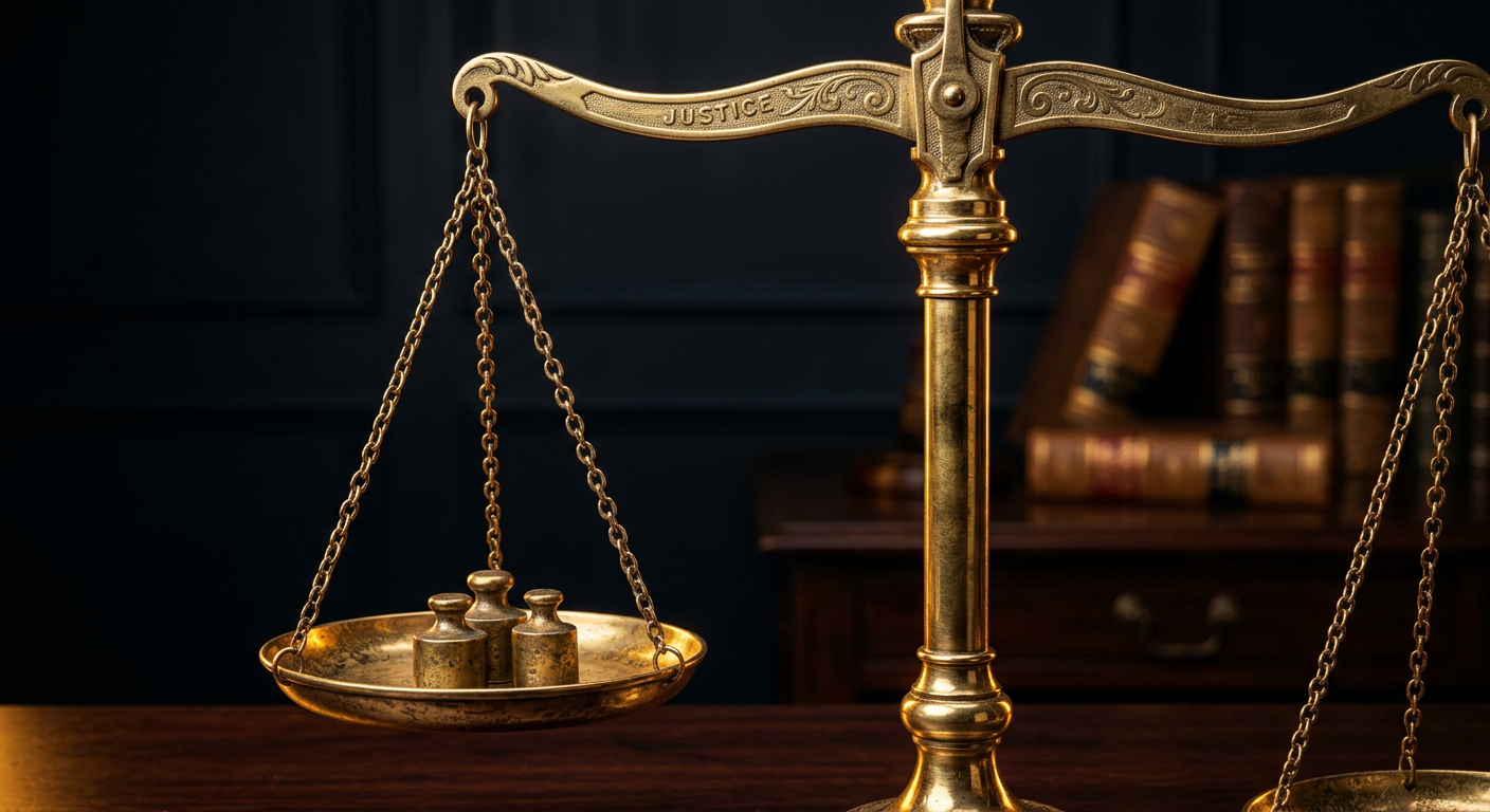 Scales of justice with warm golden lighting representing legal expertise at Indus Legal